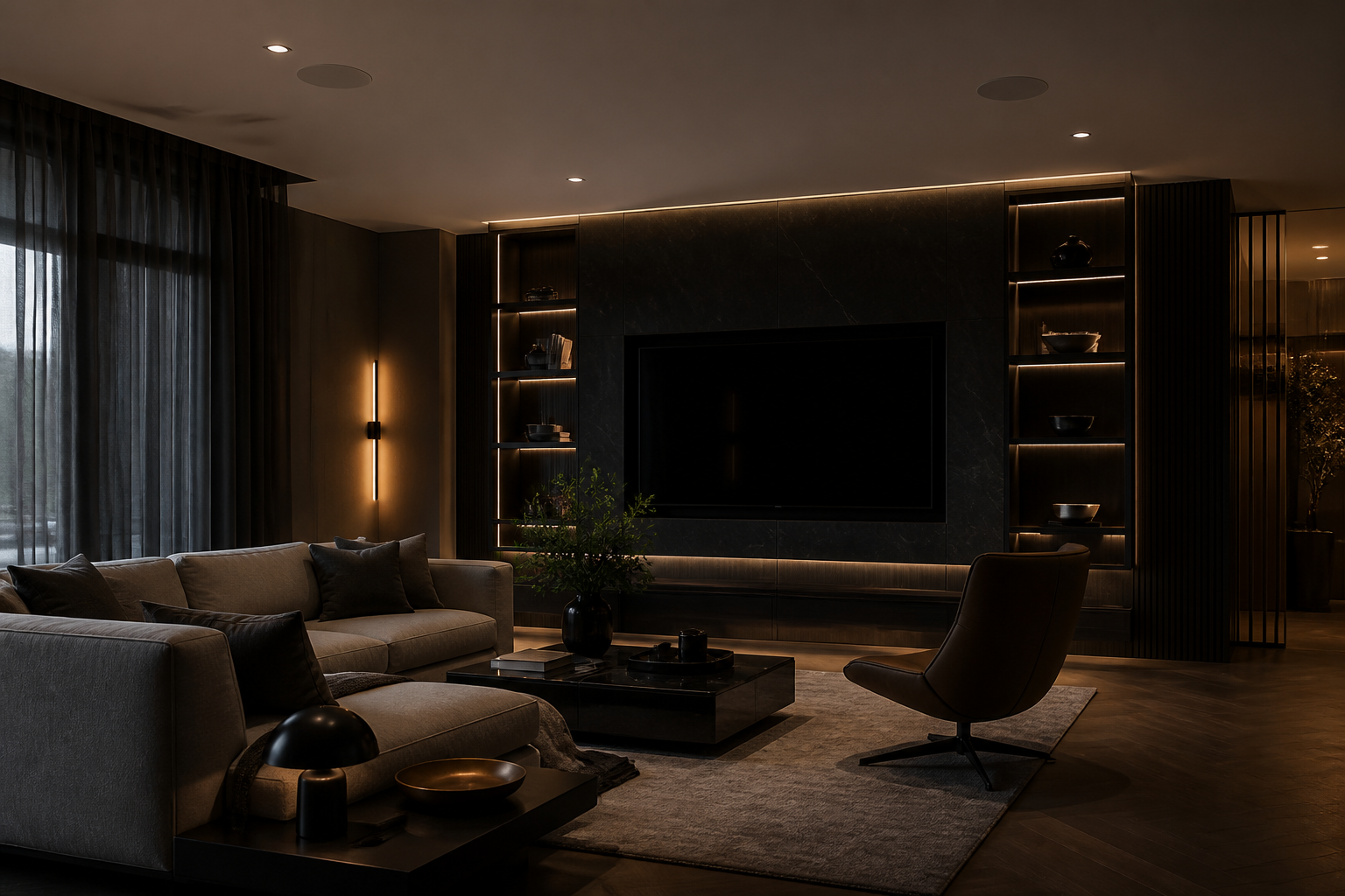 Sala contemporânea com sistema de sonorização integrado ao ambiente